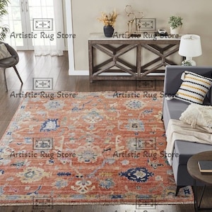Handmade Orange Oushak Rug Hand knotted Turkish Area Rug 8x10, 9x12, 10x14 Handmade Rugs for Living Room - Antique Ethnic rug for home decor