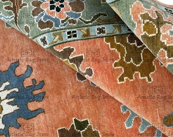 Hand Knotted Orange & Green Oushak Rug 5x8, 8x10, 9x12, 12x15 Area Wool Rug, Traditional and Vintage Rug for Home and Living.