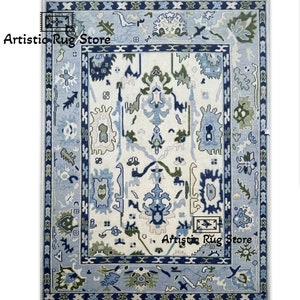9'x12' Authentic Cream & Sky Blue Oushak Area Rug with Olive Green Motifs: Modern Coastal Comfort Rug for any Room, Interior and offices.