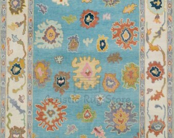Sky Blue Oushak Rug 8x10, Ivory Area Rug, Rust Olive Green & Gold Accents Turkish Rug, Modern Colorful Wool Rug 9x12 For Dining area decor