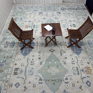 Hand knotted Milagro Green Oushak Made to Order (In Any Size!!) Geometric Knotted Modern Oushak rug/ large area/sage/muted oushak rug 8x10