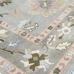 Hand knotted Light Gray Area rug | Modern Oushak Rug In Gray, Pink And Purple, Large Wool Rug 9x12, Turkish Rug 8x12 for home decor
