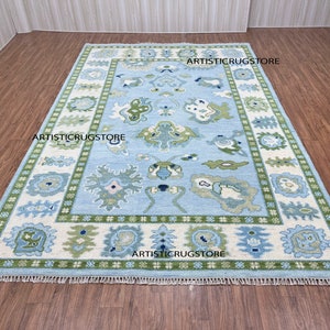 8x10 Blue And Green Designer Oushak Rug, Oushak Rug With Ivory, Olive Green & Light Pink Motifs: Modern Coastal Comfort Large Area Rug