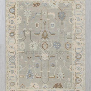 8x10 Bedroom Rug, Living Room Rug, Oushak Rug Gray Cream with muted Blue Brown accents Turkish Style Inspired Hand Knotted Soft Wool Rug