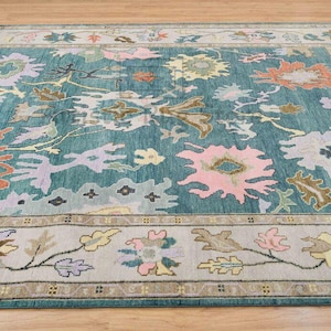 Modern Oushak Rug, Cream White Deep Sea Blue Green Area Rug 8X10, Colorful Contemporary Wool Rug, Floral Turkish Rug For Living Room