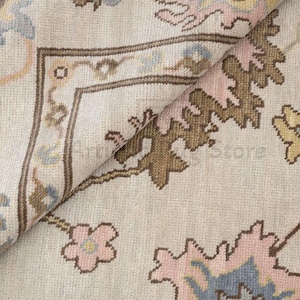 Beige Area Rug, Ivory Faded Gray Oushak Rug, Multicolored Wool Rug, Muted Blue Pink brown Rug, Large Turkish Rug, Floral Carpet