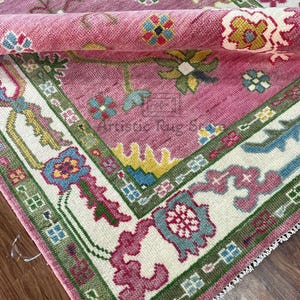 Pink Oushak Rug, Modern Multicolored Area Rug 9x12, Ivory Wool Rug 8x10, Handmade Turkish Rug For Living Room, Kids room, Nursery or Kitchen