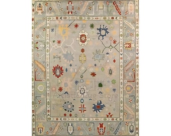 Bluish Gray Oushak Rug, Colorful Wool Rug, Neutral Turkish Rug For Living Room, Kids room, Nursery or Kitchen | Dining Area Rug