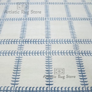 Alfombra Oushak moderna turca azul con crema hecha a pedido (¡en cualquier tamaño!). Alfombra Oushak moderna con nudos geométricos/área grande/salvia/alfombra Oushak apagada.