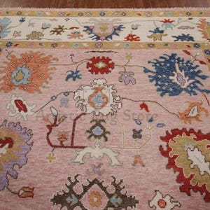 Pink Oushak Rug, Modern Multicolored Area Rug 9x12, Ivory Wool Rug 8x10, Handmade Turkish Rug For Bedroom, Living room, Kids room