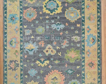 Modern Gray Oushak Rug, Yellow Blue Peach Wool Rug 9x12, Neutral Turkish Rug 8x10, Large Area Rug, Modern Colorful Rug for Living area decor