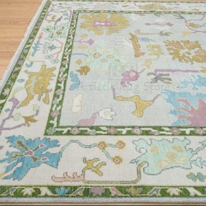 Light Gray Ivory Green Rug, Modern Oushak Rug 9x12, Colorful Turkish Rug, Bedroom Area Rug, Handmade Wool Rug 8x10, Rugs for Kitchen