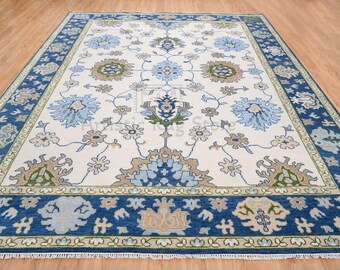Oushak Rug Contemporary Modern, White Navy Blue Green Rug, 8x10 Turkish Rug, Taupe Large Area Rug, Handmade Floral Wool Rug