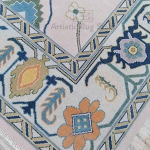 Modern Oushak Rug, Ivory & Orange navy Area Rugs Contemporary Pastel Wool Turkish Rug For Living Room, Kidsroom, Nursery | Dining Area Rug