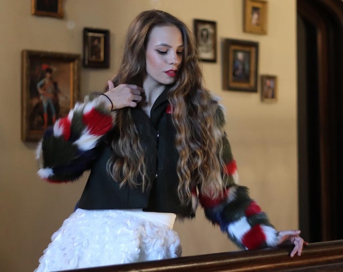 Featured listing image: Coat faux fur Priscilla IO. -winter coat- multicolor coat -green,white,red,blue- jacket -sartorial -handmade -high quality -made in Italy