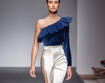 Long trousers white Priscilla IO. - high-waisted - flared leg - flare - split -slit - sartorial -handmade -high quality -made in Italy