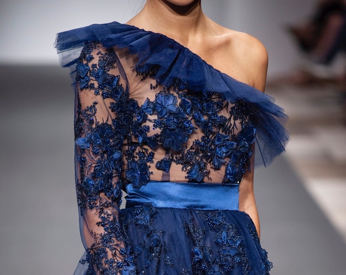 Featured listing image: Lace and tulle top blue Priscilla IO. - one-shoulder - elegat top - sartorial - special occasions - handmade - high quality - made in Italy
