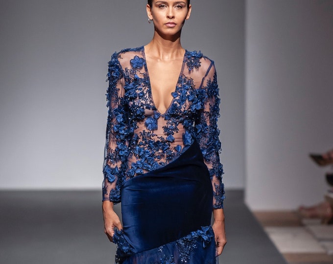Featured listing image: Long dress in velvet and blue lace Priscilla IO. - long sleeves - deep neckline - tulle - sartorial - handmade - high quality - made in Italy