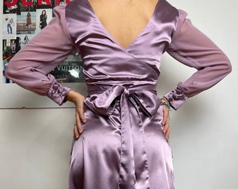 Long dress silk satin Priscilla IO. - chiffon sleeves - midi dress - elegant - lilac dress -sartorial -handmade -high quality -made in Italy