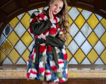 Coat faux fur Priscilla IO. -winter coat- multicolor coat -green,white,red,blue- long coat -sartorial -handmade -high quality -made in Italy