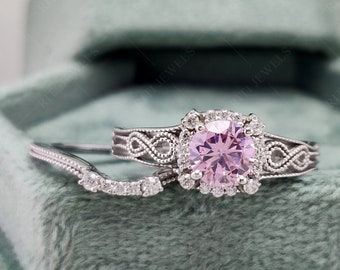 Pink Stone Halo Engagement Ring Set, Vintage Filigree Wedding Ring Sets, Simulated Pink Tourmaline Ring, Antique Bridal Sets, SIZE 6.25 USA