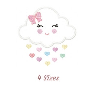 May include: A white cloud with a pink bow and a smiling face is raining down colorful hearts. The cloud is outlined in white and the hearts are in various shades of pink, yellow, blue, and green. The text "4 Sizes" is below the cloud.