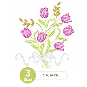 Pink Tulip Bouquet Embroidery Design with Ribbon | 3 Sizes | Elegant Floral Machine Embroidery Pattern – Instant Download