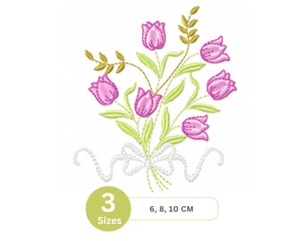 Pink Tulip Bouquet Embroidery Design with Ribbon | 3 Sizes | Elegant Floral Machine Embroidery Pattern – Instant Download