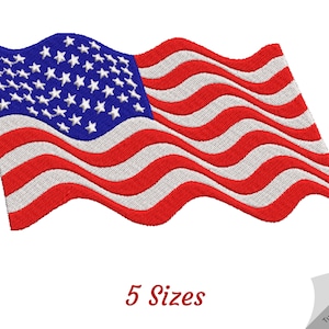 May include: A red, white, and blue American flag with 13 stripes and 50 stars, waving in the wind. The flag is embroidered and has a textured look. The text "5 Sizes" is below the flag.