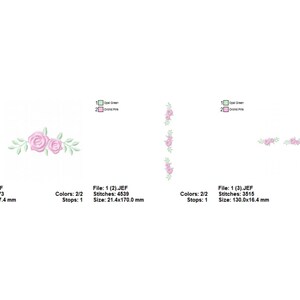 May include: Three embroidery designs featuring pink roses and green leaves. The first design is a single cluster of roses, the second is a vertical arrangement of roses, and the third is a horizontal row of roses.