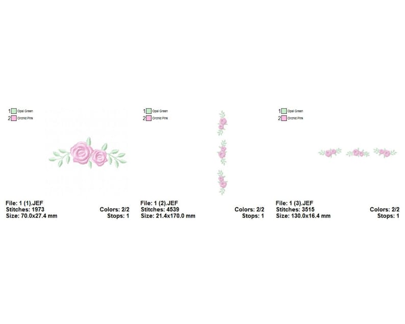 May include: Three embroidery designs featuring pink roses and green leaves. The first design is a single cluster of roses, the second is a vertical arrangement of roses, and the third is a horizontal row of roses.