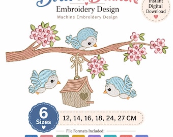 May include: Machine embroidery design titled Bird & Branch featuring three light blue birds, a brown birdhouse with a heart cutout, and pink cherry blossoms on a brown branch. Includes 6 sizes from 12 to 27 cm and various file formats.