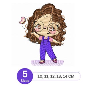 Curly Hair Girl Embroidery Design | Cute Cartoon Girl with Butterfly Machine Embroidery File | 5 Sizes Included