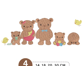 May include: An embroidery design featuring a family of brown teddy bears and two yellow birds. One bear wears a pink bow and carries a baby in a pink sling, another wears a blue bowtie, and one plays with blocks. Text indicates 4 sizes: 14, 18, 20, 30 CM.