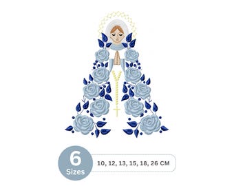 Disegno per ricamo della Vergine Maria con le rose / Schema religioso cattolico per ricamo a macchina / File digitale – 6 misure