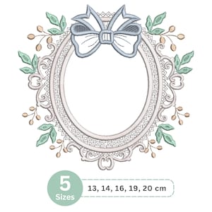 May include: An embroidered oval frame with a light blue bow at the top, surrounded by green leaves and tan berries. The frame is white with a decorative border. Text indicates sizes of 13, 14, 16, 19, and 20 cm.