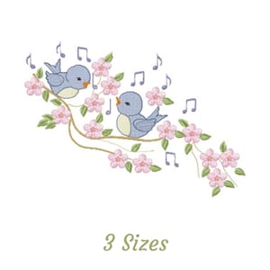 Floral With Birds And Music Embroidery Design - Birds Machine Embroidery Pattern & Designs – 3 Sizes – Instant Download