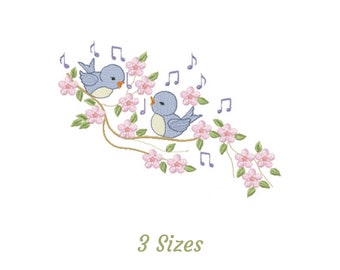 鳥と音楽が描かれた花柄刺繍デザイン - 鳥の機械刺繍パターンとデザイン - 3サイズ - すぐにダウンロード