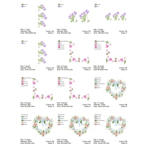 May include: A set of 10 embroidery designs featuring floral motifs in shades of pink, purple, and blue. The designs include a heart wreath, a border, and a single flower arrangement. The designs are available in various sizes, ranging from 3.37 x 3.25 inches to 5.28 x 5.08 inches.
