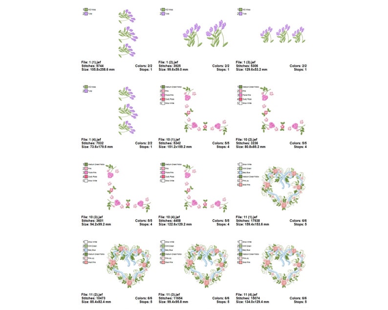 May include: A set of 10 embroidery designs featuring floral motifs in shades of pink, purple, and blue. The designs include a heart wreath, a border, and a single flower arrangement. The designs are available in various sizes, ranging from 3.37 x 3.25 inches to 5.28 x 5.08 inches.