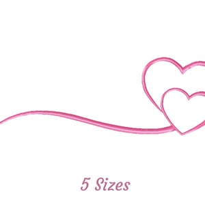 May include: Pink embroidery design featuring two intertwined hearts with a curved line extending from the bottom. The design is available in five sizes.