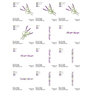 May include: A set of embroidery designs featuring lavender flowers in various arrangements. The designs include a single sprig of lavender, a border of lavender flowers, and a vertical arrangement of lavender flowers. The designs are available in multiple sizes and colours.