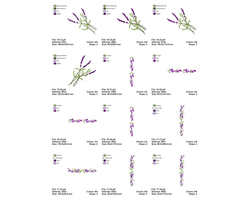 May include: A set of embroidery designs featuring lavender flowers in various arrangements. The designs include a single sprig of lavender, a border of lavender flowers, and a vertical arrangement of lavender flowers. The designs are available in multiple sizes and colours.