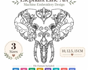 May include: A black line art embroidery design of an elephant head with floral scrollwork. Text reads: Elephant Line Art, Machine Embroidery Design, 3 Sizes, 10, 12.5, 15 CM, File Formats Included: PES, JEF, DST, PEC, EXP, VIP, VP3, XXX.