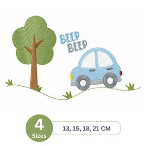 Cute Cartoon Car Machine Embroidery Design - 'BEEP BEEP' Vehicle with Tree Digital File for Instant Download