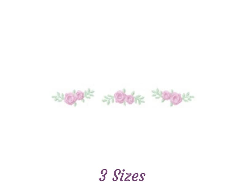 May include: Three embroidered floral designs with pink roses and green leaves. The text "3 Sizes" is below the designs.
