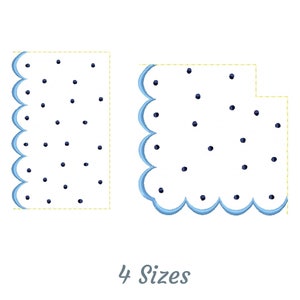 May include: Two white rectangular designs with scalloped edges and scattered navy blue dots. One rectangle is complete, the other has a corner cut out. The text "4 Sizes" is below the designs.