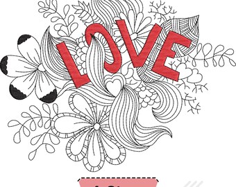 May include: An embroidery design featuring the word LOVE in bold red capital letters, surrounded by intricate black and white line art of flowers, leaves, and swirling patterns. A pink rectangular label at the bottom reads 4 Sizes.