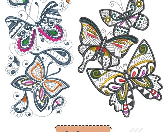 May include: An embroidery design featuring five butterflies with intricate patterns in shades of pink, orange, yellow, green, and dark gray outlines. The design includes swirling decorative lines and a tan label at the bottom with the text 2 Sizes.