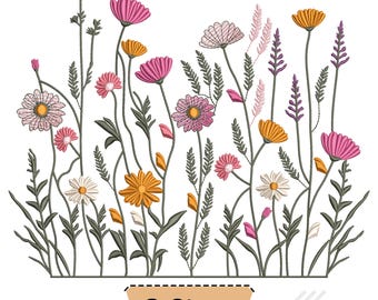 May include: An embroidery design featuring a variety of wildflowers in shades of pink, orange, yellow, and white with green stems and leaves. Below the flowers, a tan rectangular label contains the black text 6 Sizes and Swipe For Sizes.